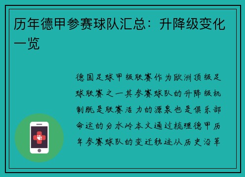 历年德甲参赛球队汇总：升降级变化一览