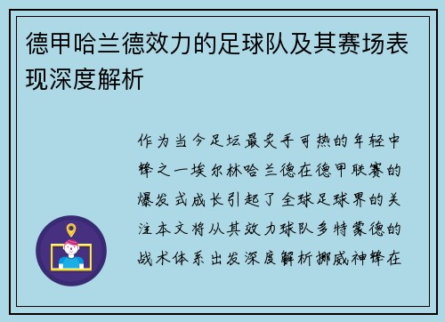 德甲哈兰德效力的足球队及其赛场表现深度解析